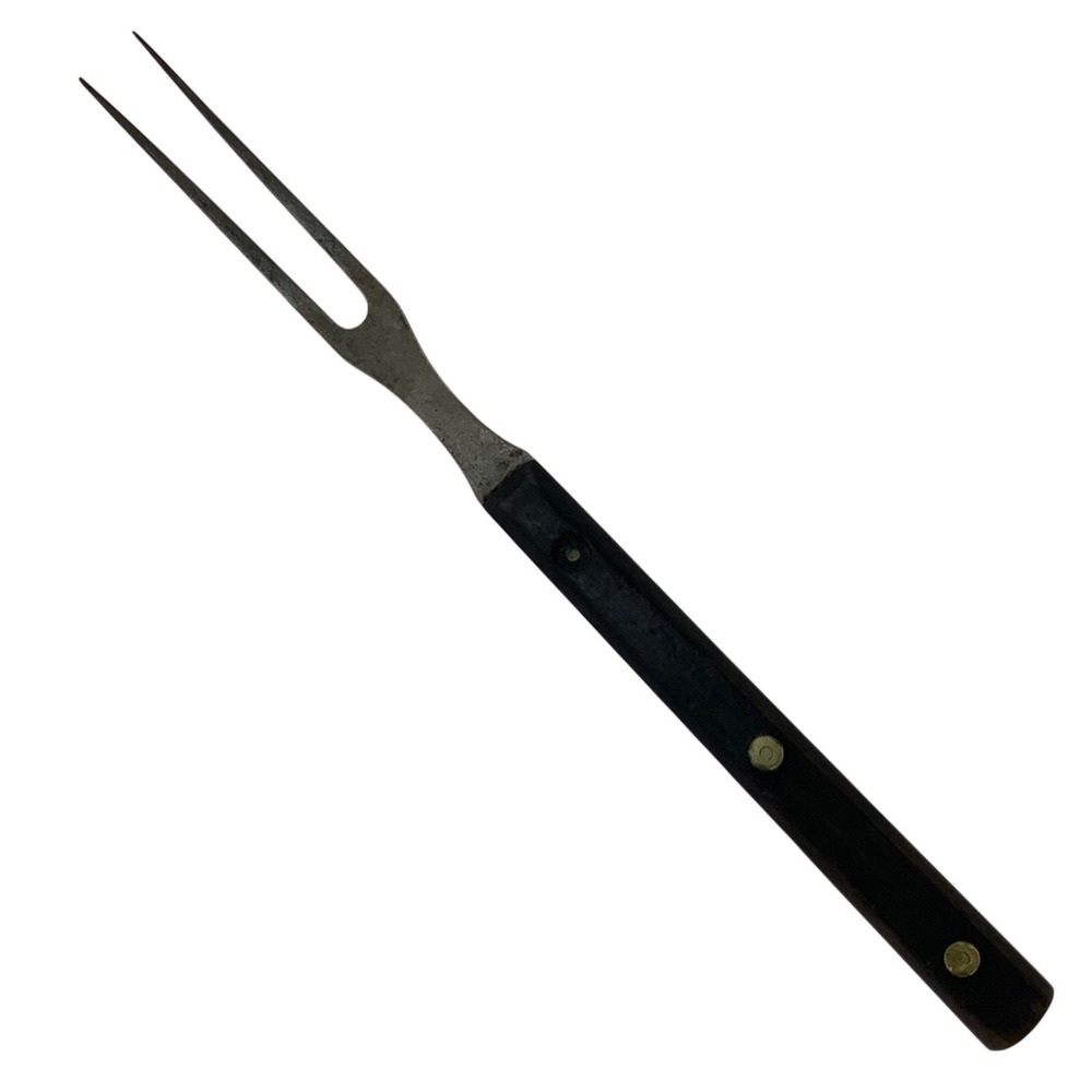 Vintage Unbranded Two Tine Carving Fork Wood Carbon Steel Brown 10.75in